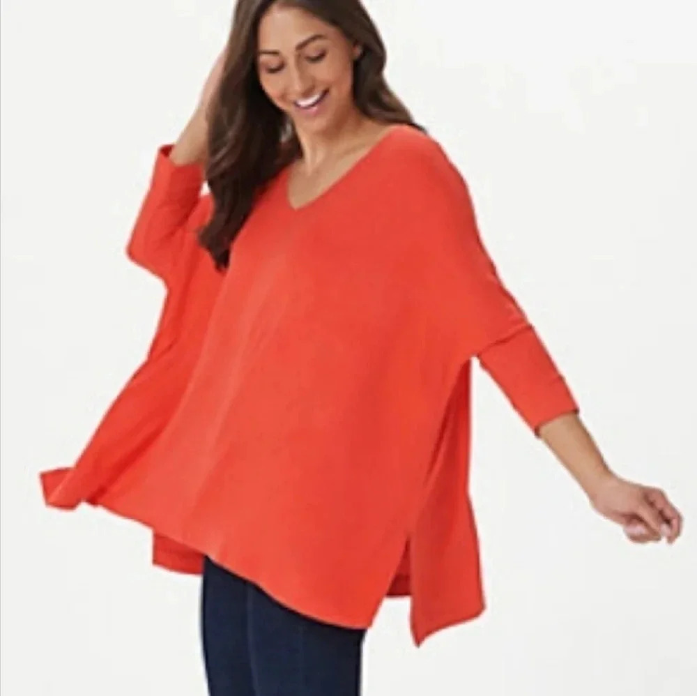 Women's Laurie Felt Ribbed Oversized V Neck Dolman 3/4 Sleeve Top Orange Sz M/L